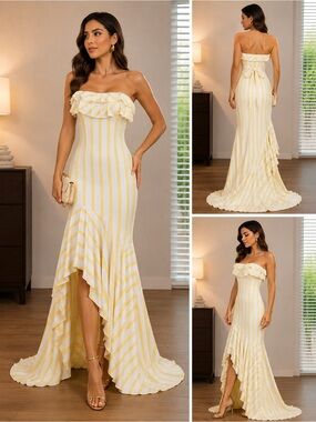 Strapless Yellow Stripe Ruffle High-Low Maxi Dress